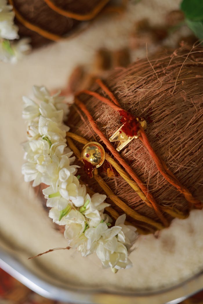 Close-up Mangalsutra on a Coconut During a Traditional South Indian Wedding Ceremony